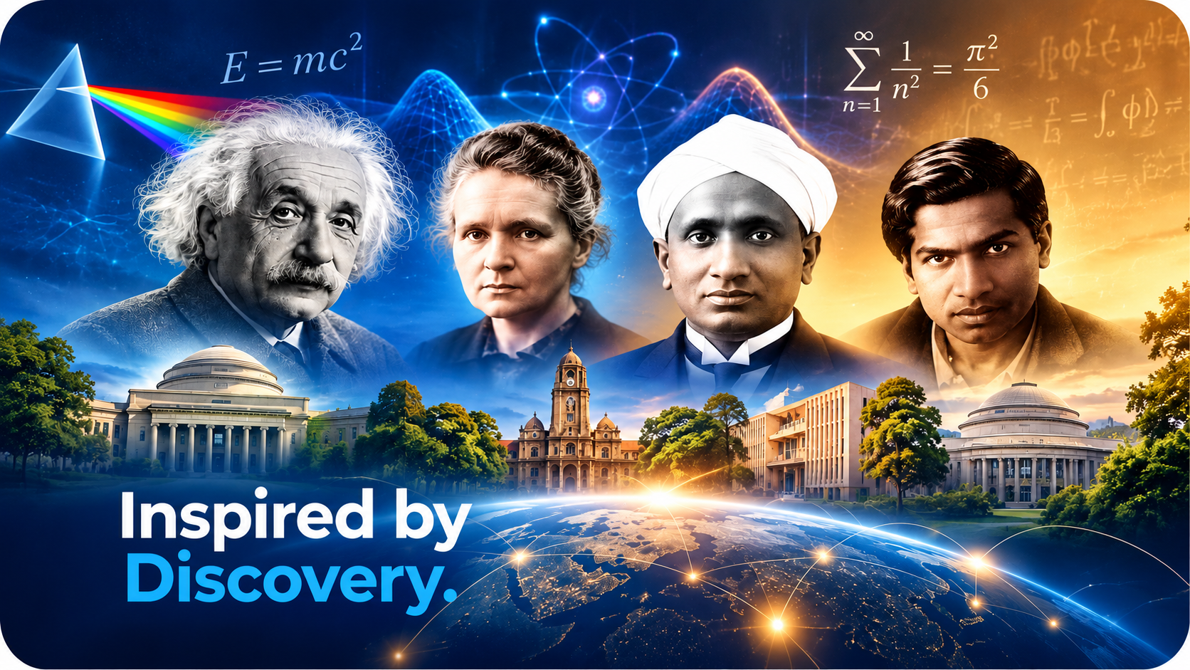 Albert Einstein, Marie Curie, C. V. Raman and Srinivasa Ramanujan celebrating the global heritage of scientific discovery