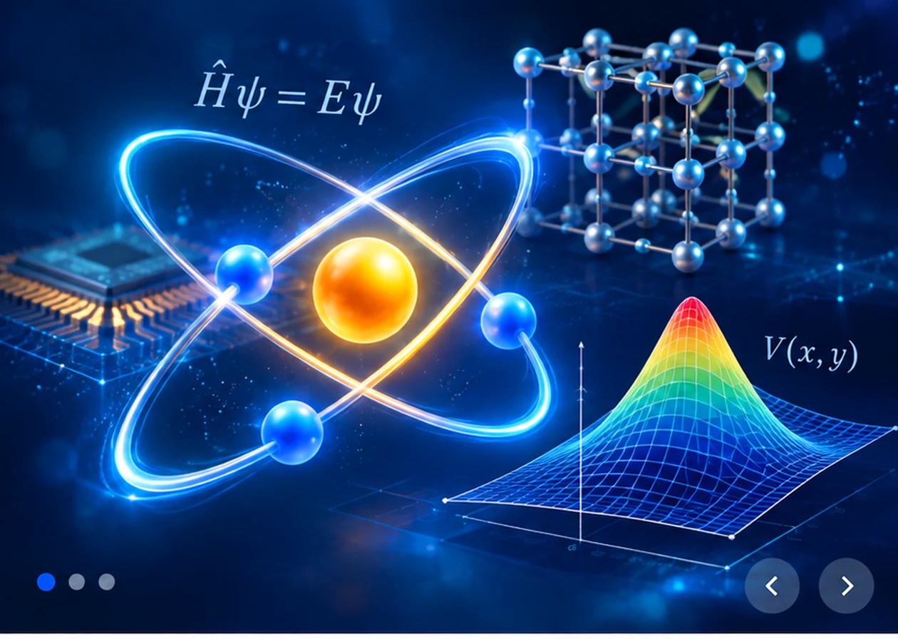Interactive visualization combining quantum physics, crystal structure, electronics and mathematical surfaces